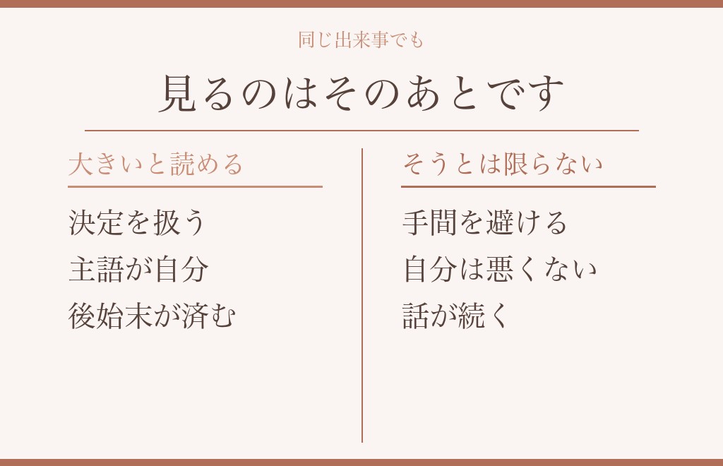 別れ際の男の器を、同じ出来事の両側から並べる
